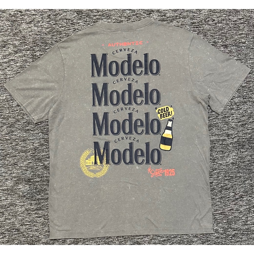 Modelo Cerveza Graphic T-Shirt Mens XL Gray‎ Mineral Wash Short Sleeve Beer Tee